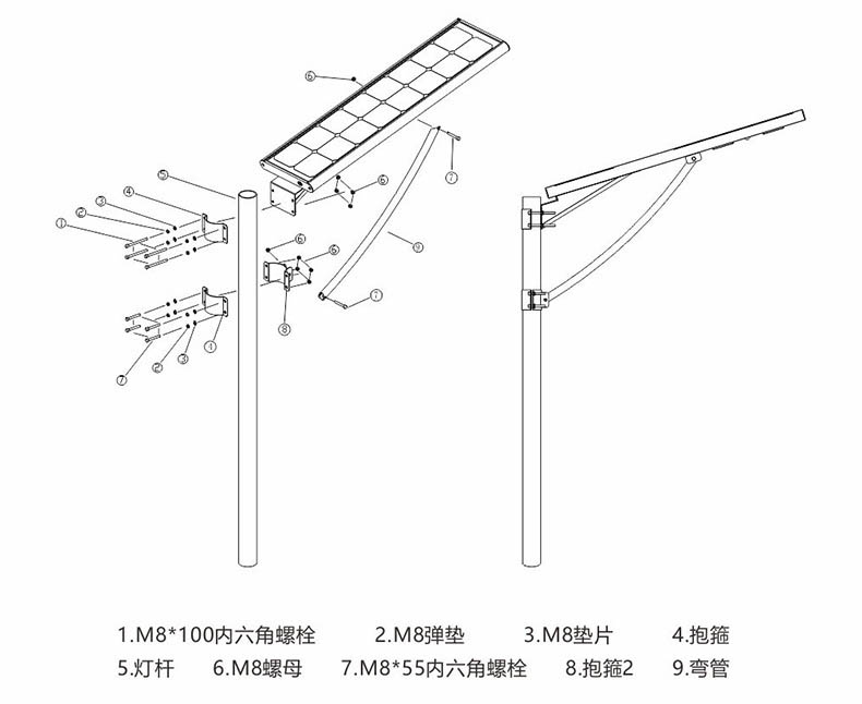 東莞蜜桃网址在线播放照明抱箍式一體化LED太陽能路燈安裝示意圖