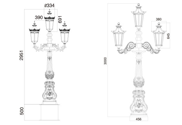 (QDTYD-JZ001)精鑄鋁歐式仿古庭院燈常規尺寸圖